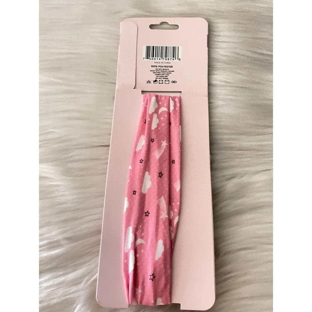Baby Bow Bliss Pink knotted Headband Stretchy Soft Fabric White Celestial Print